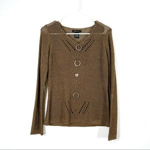 VINTAGE Y2K Beaded Knit Top Wooden Brown Sweater Blouse BCBG Max Azria M